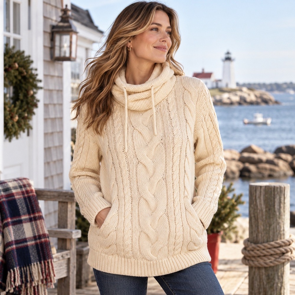LL Bean Womens Cable Knit Sweater Sz S Petitie Cream Cotton Cowl Neck Fisherman